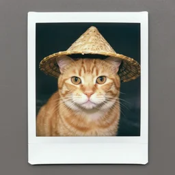 A portrait of a orange cat wearing a small vietnamese straw hat, award winning photo, polaroid, color photo