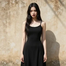 goth woman poses in front of sunlit dried caked bleached