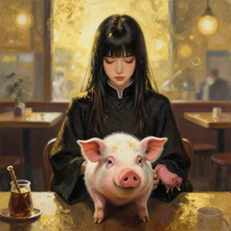 priestess of mutant pigs in a cafe. gouache and gold leaf by award - winning mangaka, chiaroscuro, bokeh, backlighting, field of depth