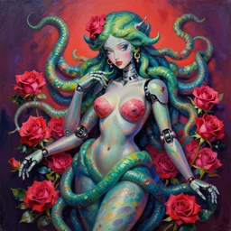 a beautiful painting lovely 3 d coquettish medusa robot, roses by ukiyo - e award - winning art, andy warhol color, dramatic light, octane render