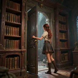 highly detailed digital illustration of a young woman opening a secret door behind a bookcase in an ancient abandoned castle | fantasy art, cryengine, concept art, photorealism, daz 3 d, sketchfab, zbrush, vray, rule of thirds, golden ratio