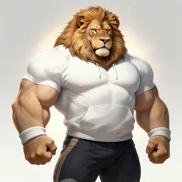 mutant powerlifter muscular oversized lion in a white sport hoodie, casual clothes, portrait, intricate, elegant, highly detailed, studio backlight , digital painting, artstation, concept art, smooth, sharp focus, illustration