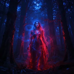 portrait of an ethereal forest made of blue and red light, divine, cyberspace, mysterious, dark high-contrast concept art