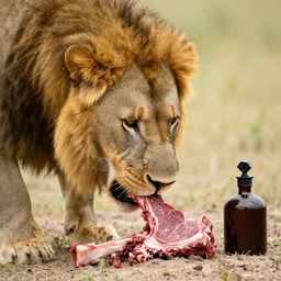 lion eating raw meat next to a poison vial