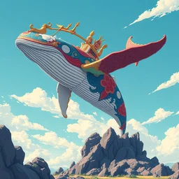 maximalist vibrant sculpture of godly whale, flying in the sky, painted by makoto shinkai takashi takeuchi studio ghibli, akihiko yoshida, yoshitaka amano, wangechi mutu, clean cel shaded vector art. shutterstock. behance
