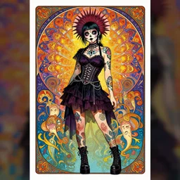 psychedelic poster art of a cute punk goth fashion fractal Día de los Muertos tattooed girl posing in goth outfit by Victor Moscoso Rick Griffin Alphonse Mucha Gustav Klimt Ayami Kojima Amano Charlie Bowater, masterpiece