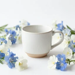 clay mug on a white surface surrounded by a plethora of blue and white flowers, bright white realistic, up close shot, white background, zen, light, modern minimalist f 2 0