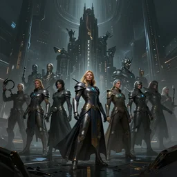 a digital matte illustration concept art of the nexus high council by James Gurney, dark sci-fi, fantasy, futurism, highly detailed, atmospheric, 4k post-processing, smooth, grain, dynamic composition, dynamic angle, epic scale, dramatic lighting, award winning, trending on Art Station