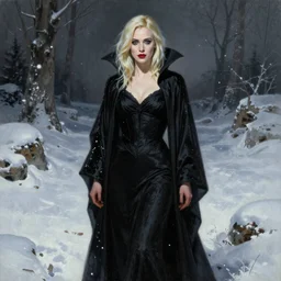 ultra realistic portrait painting of elle fanning as a vampire wearing black cultist robes in the snow, art by frank frazetta, 4 k, ultra realistic, highly detailed, epic lighting