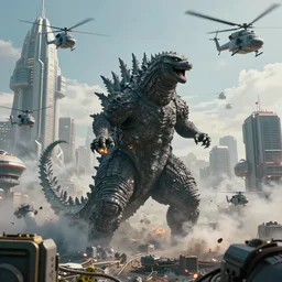 photograph of Godzilla destroying a futuristic city, military helicopters in the sky, smoke and destruction, highly detailed, photorealistic