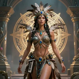 a mystical render of a single alluring mystical tribal goddess adorned with feathers and gemstones and cables and synthesizer parts is surrounded by sacred geometry made from elven architecture, full body, gorgeous, perfect face, powerful, cinematic, beautifully lit, by artgerm, by karol bak, 3 d, trending on artstation, octane render, 8 k