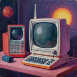 retro technology, 9 0 s colors and shapes, wayne barlow, oil on canvas, deep depth of field, masterpiece, cinematic composition, hyperdetailed