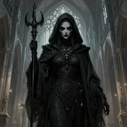 A digital painting of a Grim Reapper, ancient catedral behind her, intricate, cinematic lighting, highly detailed, digital painting, Artstation, concept art, smooth, sharp focus, illustration, art by Tom Bagshaw, Artgerm and Greg Rutkowski
