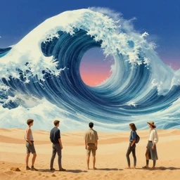 a giant ocean wave swirling in the sky above a barren desert by ivan shishkin and simon stalenhag and dan mumford and josan gonzalez, surrealism, hyper detailed, vibrant, retrowave