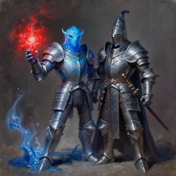 a very elegant oil painting of a blue slimey looking knight and a magical wizard made of metal, using magic, magic leaking out of them, smooth painting, medieval armor, wizard knight fusion, concept art, detailed anime, spiky armor, the red glows coming from the left, paint smears, digital art, character design, d & d character, heavy shading, by vasnetsov