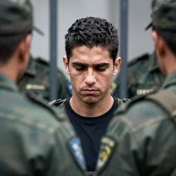 alvaro uribe velez in prison, sad face, surrounded by two guards