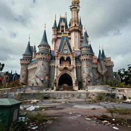 cinematic shot of the outside of the Disney world park, shut down, abandoned, Florida, out of business, castle is falling apart and rusted, got shut down, kids place, liminal spaces, backrooms, empty, overgrown with weeds, crumbling, destroyed castle, completely obliterated, Disney world, theme park, dusty, Detroit, horror game, ugly, Disney, old and dirty, water damage, garbage everywhere, landfill