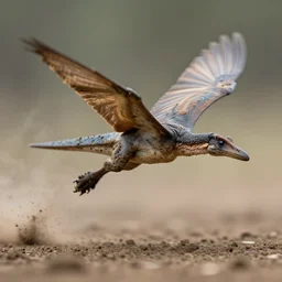 action photography, long shot, award winning macro photo of a tiny ultra detailed muddy pterodactyl flying fast, dirt and dust, fast shutter speed, motion blur, tiny gaussian blur, highly detailed, highly intricate, depth of field, national geographic