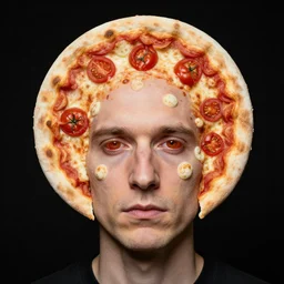 portrait of man with a rare facial deformity making the head flat and circular like a pizza, head looks exactly like a pizza, doughy skin with white boils, blemishes look like tomatoes, soft lighting, sharp focus, highly symmetrical, black background, masterpiece by martin schoeller
