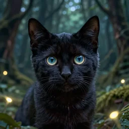a stunning ultra detailed fantasy fine art closeup photo of a big eyed black kitten in a sinuous forest surrounded by fireflies, by tomasz alen kopera and wlop, night, very detailed, deep depth of field, 8 5 mm lens, soft lighting, artstation, highly coherent, 8 k