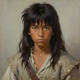 prompt : portrait soft light painted by james jean and katsuhiro otomo and erik jones, inspired by akira anime, epic fantasy, a young long haired peasant boy with dark skin, brown skin, a dark complexation in plain fantasy clothing with intelligent eyes, intricate oil painting, high detail illustration, sharp high detail
