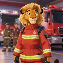 beautiful portrait of a female anthropomorphic lioness fursona wearing a fire fighter uniform at the fire station with a fire truck. character design by disney, charlie bowater, ross tran, artgerm, and makoto shinkai, detailed, soft lighting, rendered in octane