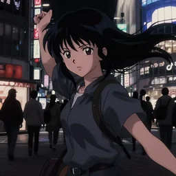 anime visual, dark portrait of a young female traveler in shibuya at night shopping, very low light, beautiful face by ilya kuvshinov, yoh yoshinari, dynamic pose, dynamic perspective, cel shaded, flat shading mucha, rounded eyes, moody, detailed facial features, ghost in the shell