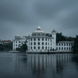 neoclassical building with dome in the middle lake, ominous Sky, gloomy atmosphere, cinematic, mist, High definition, 8k, ultra detailed
