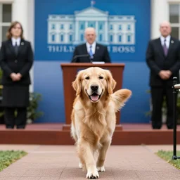 a golden retriever leading a white house press conference