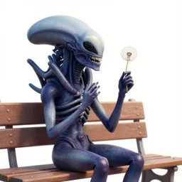 xenomorph making a wish after blowing a dandelion while sitting on a bench next to a lake as the sun sets