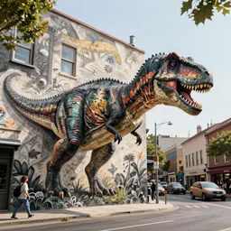 The transition into the real world of a dinosaur that is emerging out of an street art wall onto a busy street, drawn dinosaur on the wall, hyperdetailed, unreal engine, octane render