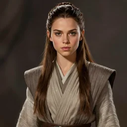 portrait of a woman by greg rutkowski, she resembles rey, leia and padme, tall and slender, straight brown hair, she is about 2 0 years old, attractive, wearing jedi robes, star wars expanded universe, highly detailed portrait, digital painting, artstation, concept art, smooth, sharp foccus ilustration, artstation hq