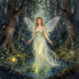 beautiful fae rising from a forest spring, fireflies flying. watercolor fairytale illustration, russian romanticism, gothic horror