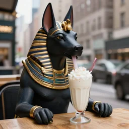 photo of Anubis in Manhattan drinking a milkshake