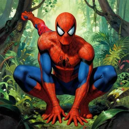 color portrait of spiderman in the jungle by frank frazetta