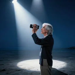 a famous mathematician, dramatic, paparazzi photography, camcorder effect, perspective, spotlight, on the shores of infinity, looking into the abyss, searching for an answer