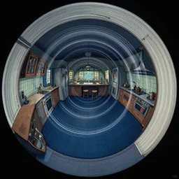 fisheye spiral lines, naive, extra narrow, detailed illustration of a kitchen, large floor, dimly lit by rhads from lorax movie, trending artstation, dark blue floor