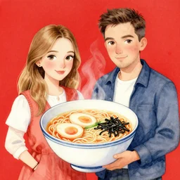 ramen, kseniia yeromenko, rob duenas, watercolor, illustration, red background, highly detailed