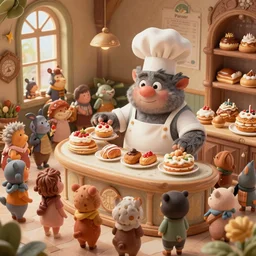 cute scene inside a crowded fantasy bakery, a short fat obese kobold baker wearing an apron is selling pastries to an shoppers of all shapes and sizes, intricate, highly detailed, artstation, concept art, smooth, sharp focus, natural lighting, art by artgerm and greg rutkowski