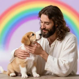 Jesus petting a cute puppy with rainbow background 8k