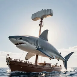photo, a gigantic hammerhead shark godzilla kaiju monster holding a ship's mast, backlit,, hammerhead shark head, golden hour, inspired by pacific rim and godzilla vs kong