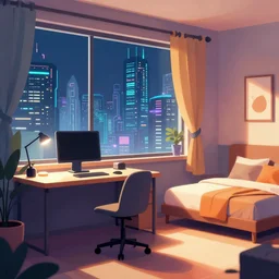 vector art style, a room with a desk, sofa, bed, window witha view of a cyber city, ultrafine highly detailed, sharp focus, unreal engine highly rendered, global illumination, radiant light