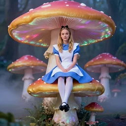 very young gwyneth paltrow, dressed as alice from alice in wonderland, sits on a giant iridescent mushroom, vibrant colors, atmospheric, mist, magical, fantasy - w 1 0 2 4