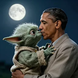 obama kissing yoda under the moon, realistic, cinematic, fine details, soft light