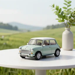 a small miniature of a Mini Cooper S 1963 on a white table near a vase with a plant, 3d render, octane render, unreal engine 5, path tracing, serene landscape, calm, relaxing, beautiful landscape, highly detailed, high quality, 4k, symmetrical, low contrast, product photo