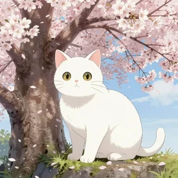 white cat in sakura tree in the style ofKentaro Miura, high resolution 4k