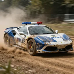 action photography, award winning photo of an ultra detailed intricate muddy ferrari police car speeding very fast on mud, dirt and dust, fast shutter speed, motion blur, tiny gaussian blur, highly detailed, highly intricate, depth of field, national geographic