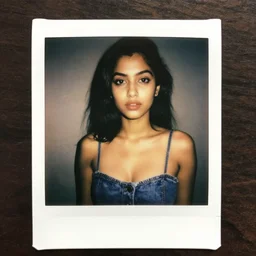polaroid of a clothed anime girl indian full lips dark hair brown skin jeans