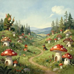 “wide shot, a fairytale landscape, mushroom houses, troll creatures, in the style of John Bauer and wimmelbilder”