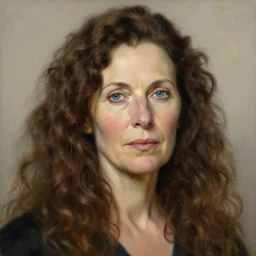 portrait of a mature woman with long curly brown hair and blue eyes, wrinkles, beautiful painting by artgerm and greg rutkowski